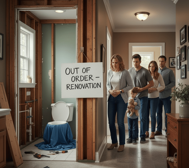 Family waiting outside an out-of-order bathroom during home renovation