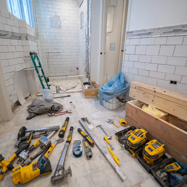 Bathroom remodel scene with tools, tiles, and construction materials